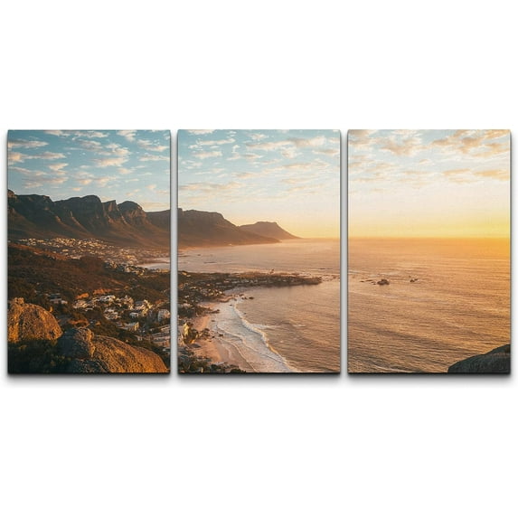 PixonSign Canvas Print Wall Art Set Sunset Horizon Mountain Range Ocean Urban Architecture Photography Realism Scenic Landscape Decorative Colorful Multicolor for Bedroom - 16"x24"x3