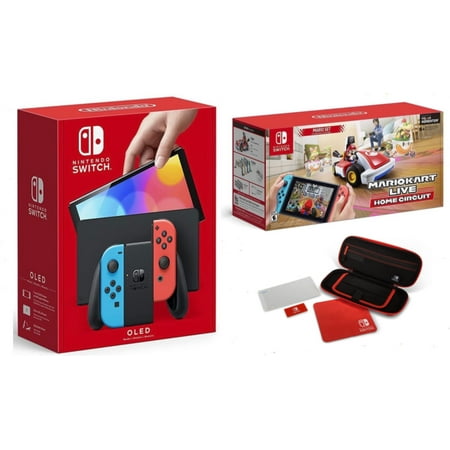 2022 New Nintendo Switch OLED Model Neon Red & Blue Joy-Con - 64GB Console HD Screen - Mario Kart Live: Home Circuit, Mario Set Edition