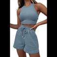 thumbnail image 1 of Conjuntos de Verano para Mujer, Conjunto Informal de 2 Piezas con Top Corto y Pantalones Cortos de Punto Gofre, Ropa de Dormir, Azul , Talla M, 1 of 9