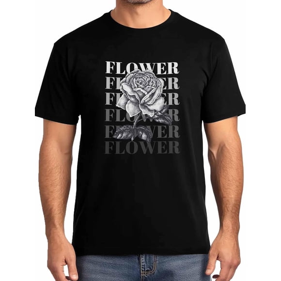 Camisetas para hombre con dibujo floral de rosas, camisetas de manga corta para hombre, camisetas de cuello redondo con textos de flores para hombre, negro-S