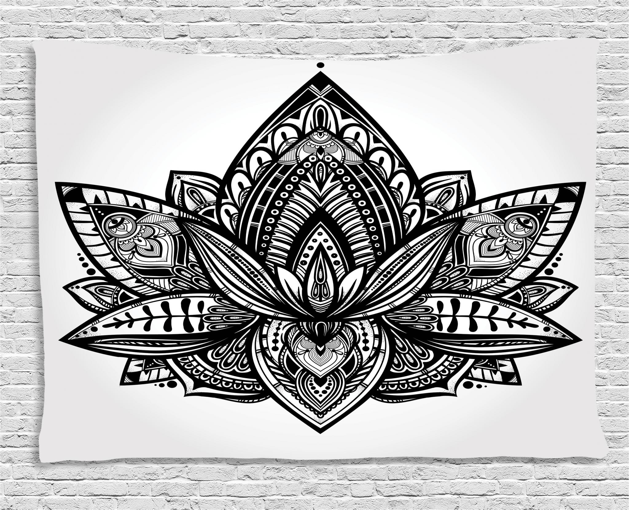 Black and White Tapestry, Zen Lotus Flower Paisley Leaves ...