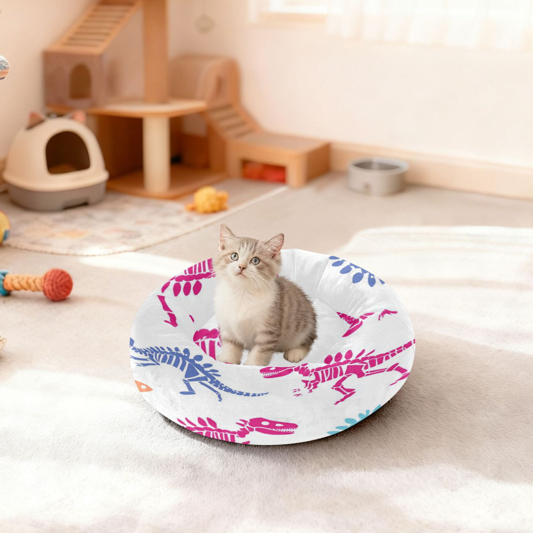 Iauyy Pet Couch Donut Cat Bed for Indoor Cats/Small Dogs Washable & Machine with Non-slip Bottom Calming Cat Furniture, Colorful Dinosaur Skeleton (XS)