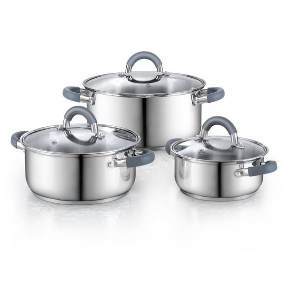 Cook N Home Basics Stainless Steel Cookware Set with Glass Lids, Heavy Duty Pots and Pans Set, Stay-Cool Silicone Handles, Induction Compatible, 6-Piece