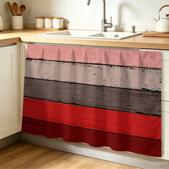 Red Grey Cabinet Curtain 32"Wx55"L, Dustproof Pantry Door Curtain with Self Adhesive Tape, Vintage Stripe Farmhouse Wood Grain Ombre Tall Storage Cover Privacy Drape for Bathroom Kitchen Laundry Room
