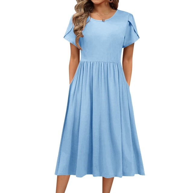 AherBiu Robe pour Femmes Décontractée à Col Rond, Ligne A, Élégante, Midi, Été, Manches Courtes, Froncée, Longueur Genou