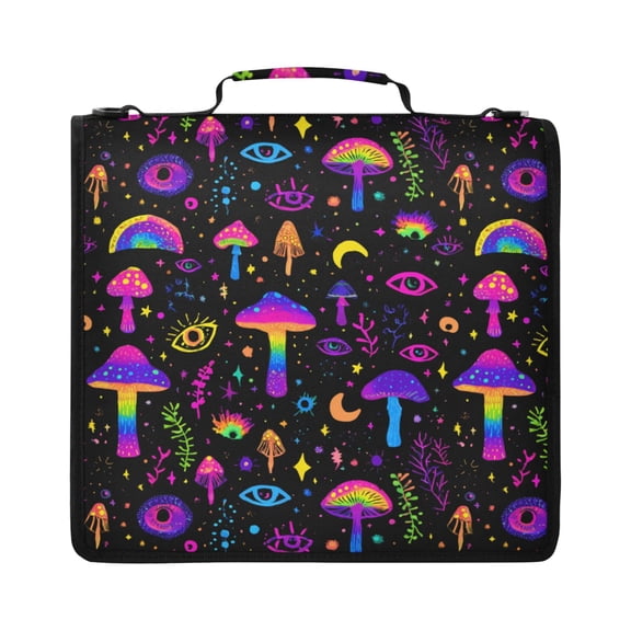 Zipper Binder with Shoulder Strap 2 inch 3 Ring Waterproof File Folder Organizer Bag 500 Sheet Rainbow Mushrooms