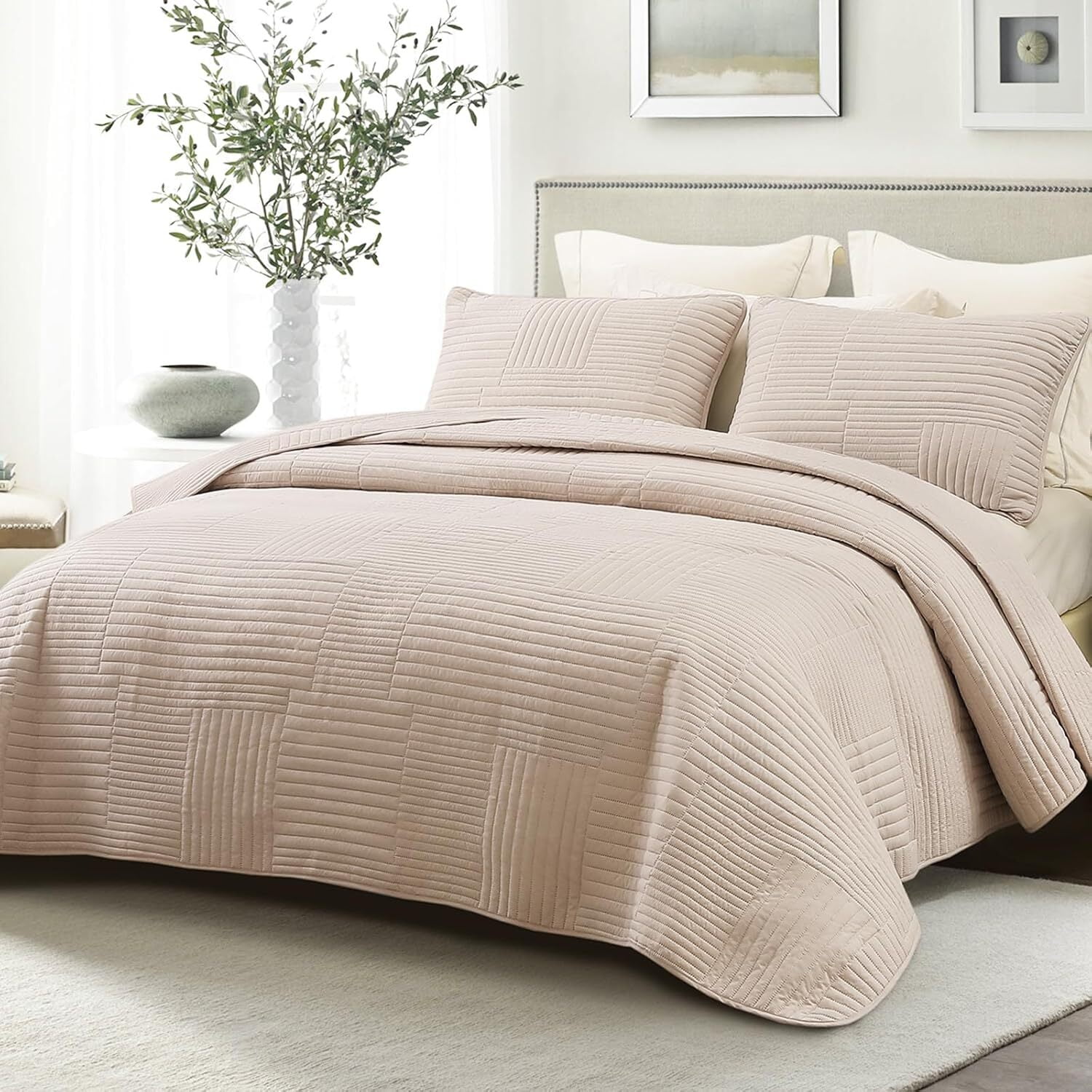 Whale Flotilla King Quilt Set, Soft and Lightweight Bedspreads Coverlet with Striped Pattern, Reversible Bedding Sets with Pillow Shams, 96x104 Inches, Brich Beige