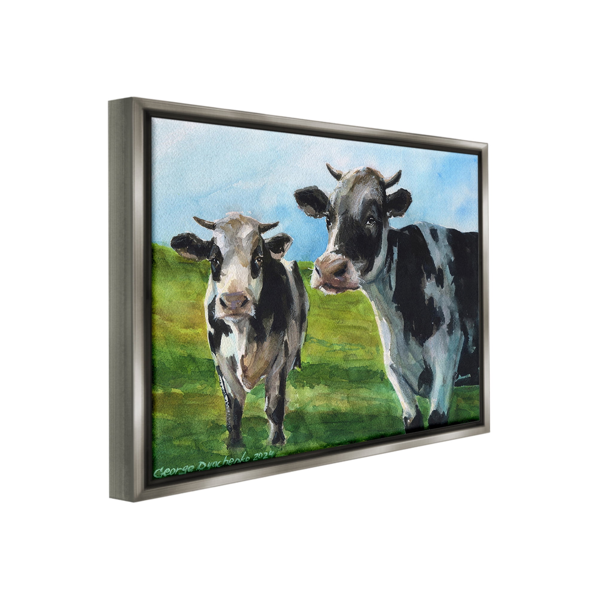Stupell Industries Cows in Pasture Landscape Animals & Insects Painting Gray Floater Framed Canvas Art Print Wall Art, 31 x 25