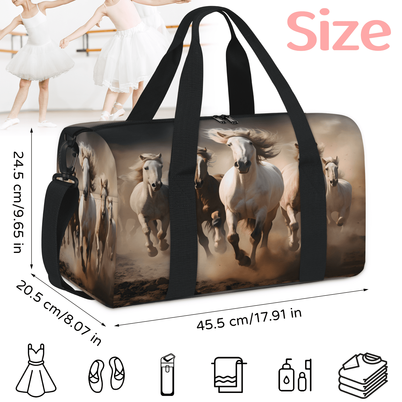 Herdesigns Running Horse Gym Bag for Women, Duffle Bag for Travel Sport, Lightweight Waterproof Carry on Weekender Overnight Dance Yoga Workout Bags