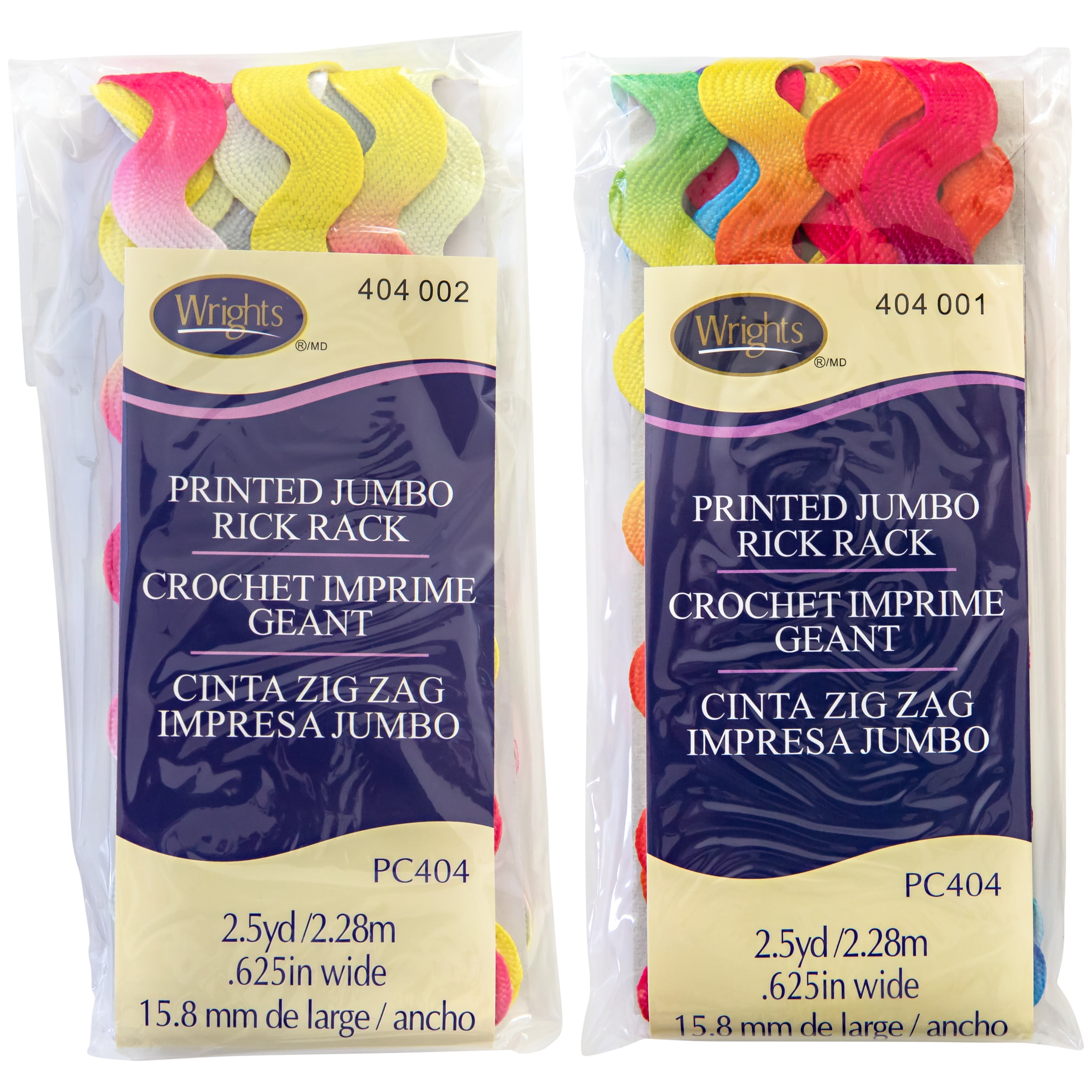 (2 pack) Wrights Rick Rack, Pastel Rainbow, 5/8" Jumbo Braided Printed Rick Rack For Sewing And Crafts, 2.5 Yards, 1 Each