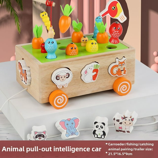 Wooden Animal Car Learning Toy for 0-3 Year Olds: Multifunctional Baby Activity Set with Shape Matching, Carrot Pulling & Driving Games – Compact, Durable, Ready-to-Play Educational Playset for