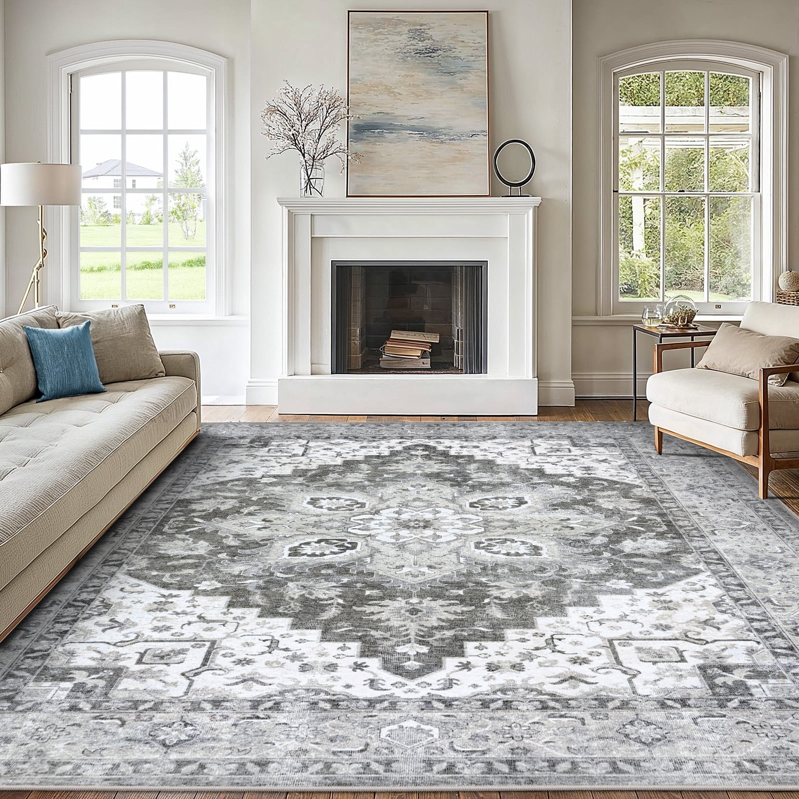 CHITOOMA 8'x10' Area Rugs for Living Room, Machine Washable Rugs Vintage Area Rug for Bedroom Dining Room Dorm Office with Non-Slip Backing, Stain Resistant Non-Shed Carpet