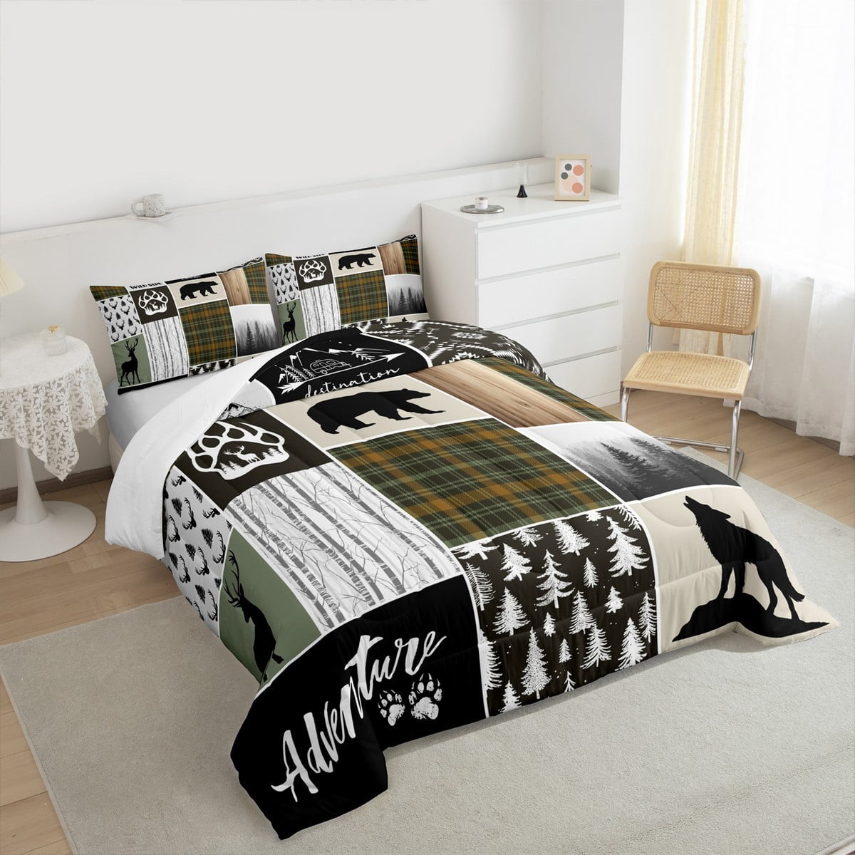 Camper Adventure Kids Comforter Set Twin Size,Deer Antlers Bear Paws Rustic Farmhouse Bedding Set for Boys Girls Adults Room Decor,Atzec Arrows Boho Down Comforter,Camo Duvet Insert