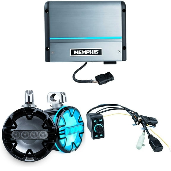 Memphis Audio SBT2 Rocket Switch Size BT Controller with MM600.2V 2-Channel Marine Amplifier and MM105TB 10" Tower Speakers
