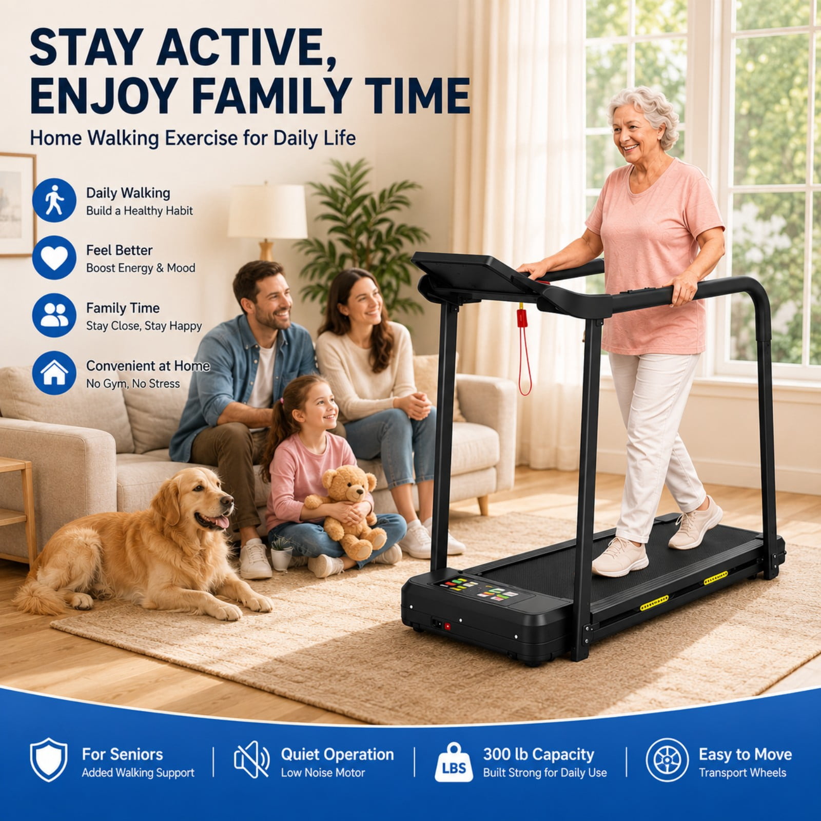 Noaman Senior Walking Treadmill with Long Handrails, Walking Pad Treadmill for Home, 2.5 HP Quiet Motor, 0.5-7.5 MPH Speed Range, Large LED Display, 300 lb Capacity, Black