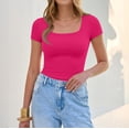 thumbnail image 5 of Womens Summer Square Neck Tops Double Lined Short Sleeve Shirts Slim Fit Crop Top, 5 of 5
