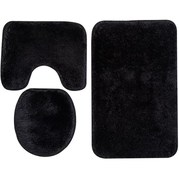 NOGIS Microfiber Bathroom Rug Sets 3 Piece, Non Slip Contour Mat Toilet Lid Cover and Bath Rug Mats Shower Mats for Bathroom Tub Toilet (Black)