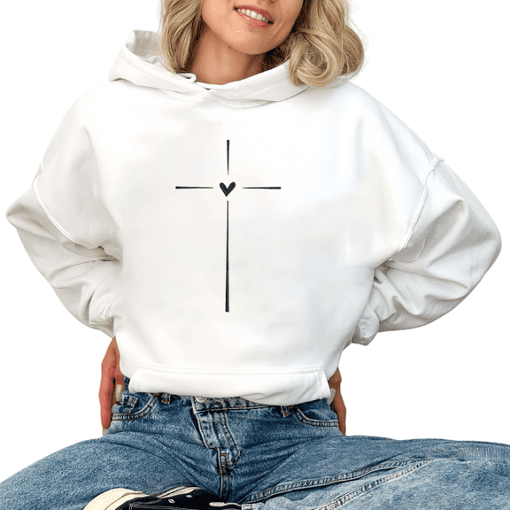 White Print Hoodie Sweatshirt Graphic Sweatshirt Christian Cross Heart Minimal Faith Casual S-2XL Tops