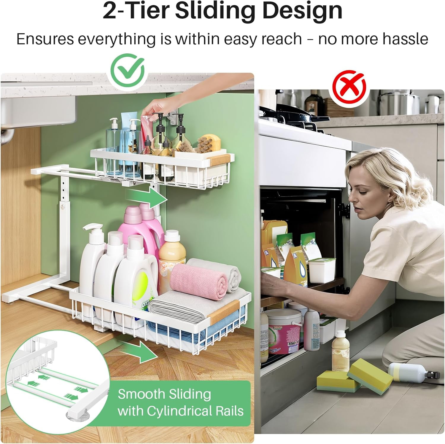 Under Sink Organizer, 2 Tier Under the Sink Storage, Slide out Pull out Cabinet Organizer Shelf, Metal Sliding Drawer for Kitchen Bathroom Pantry Closet Organization Rack