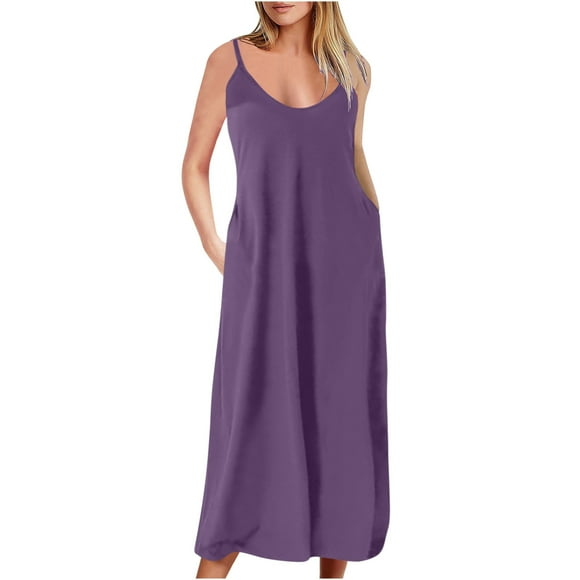 Cadeaux pour la Fête des Mères, Kcavykas Robe Maxi Bohème, Robe d'Été Décontractée Aguichant pour Femme, Sans Manches, à Col Rond, Unie, avec Fente