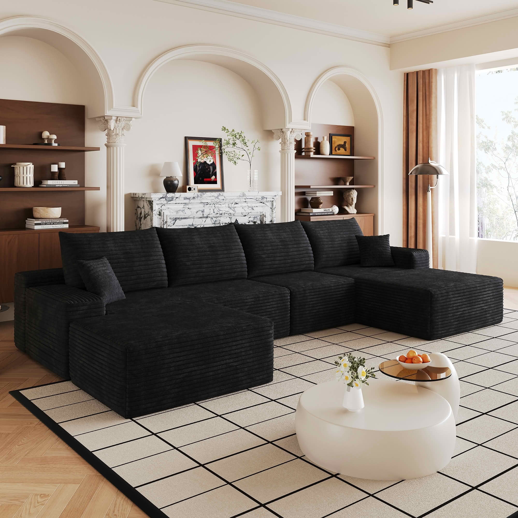 MAYEERTY 135-Inch Black Plush Corduroy 5-Seat U-Shaped Cloud Modular Sectional Sofa, Deep Seat Corner Couch with Ottoman No Assembly Required