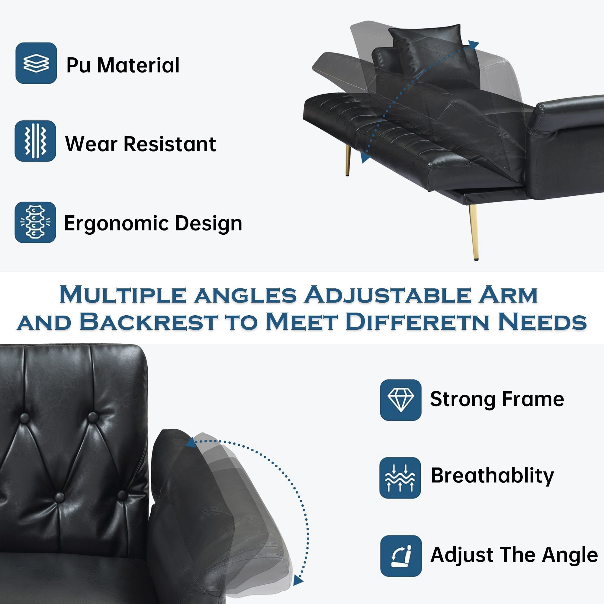 DEALTOPS Convertible Futon Sofa Bed, Faux Leather Loveseat Couch with Adjustable Armrests and backrests, Black