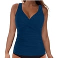 thumbnail image 3 of AHTJRT Women's Tankini Tops Ruched Deep V Neck Swim Tops with Chest Pad Crisscross Adjustable Spaghetti Straps Bathing Suit Tops Navy#02 L, 3 of 6