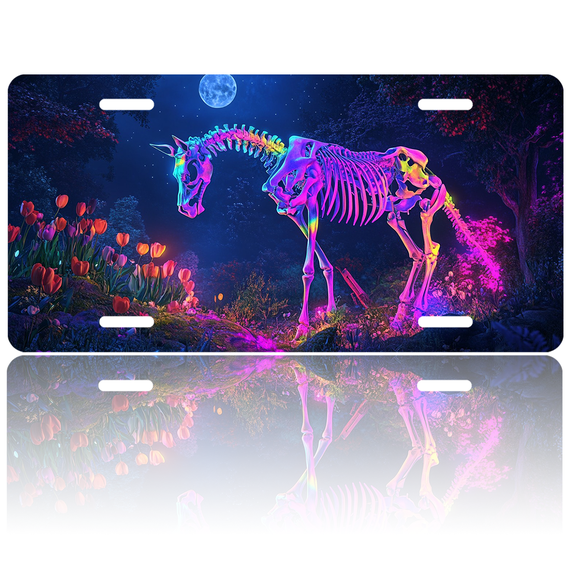 1 Pcs 2D Flat License Plate Covers & Frames, Neon Skeleton Horse For Decorative Front, Waterproof For Decoration Aluminum License Plate Covers & Frames Cover For Men Women, 12" X 6"