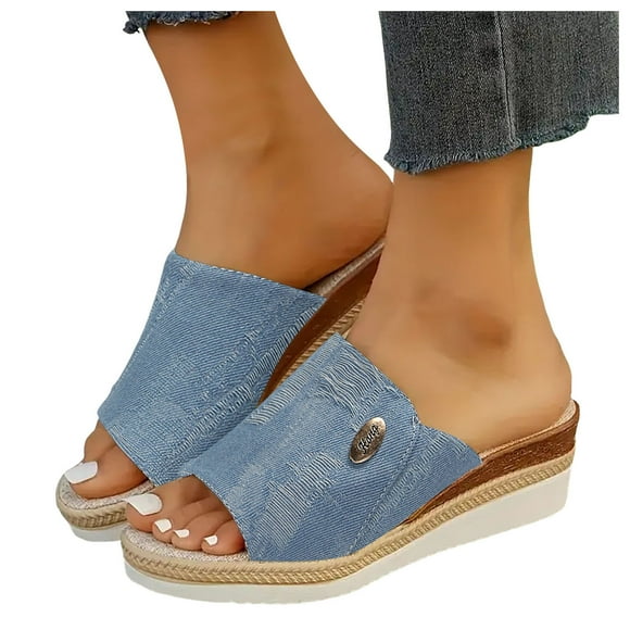 Women's Denim Wedge Slides Sandals Trendy Casual Peep Toe Platform Slip on High Heels Beach Dress Slippers