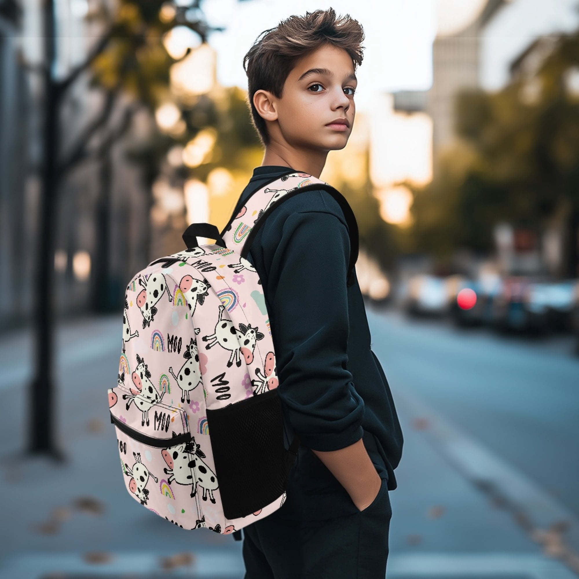 Uourmeti Cute Daily Backpack with Cow Rainbow Moo Design - Great for School Campus and Outdoor Travel