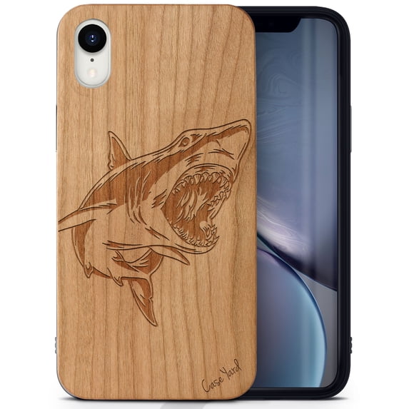 Case Yard Wooden Case Outside Soft TPU Silicone, Slim Fit Shockproof Wood Protective Phone Cover for Girls Boys Men and Women, Supports Wireless Charging Shark Design case for iPhone-XR