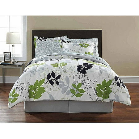 Mainstays Leaf Toss Black Green Fl Complete Bedding