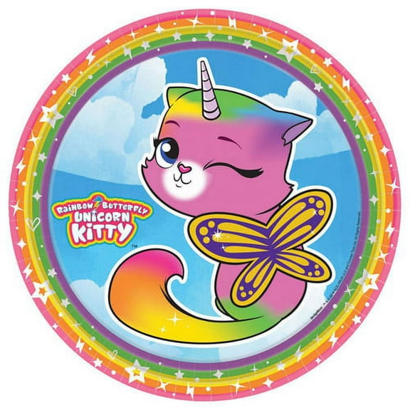 Rainbow Butterfly Unicorn Kitty Large Paper Plates (8ct)