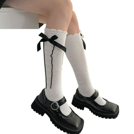 

Women Lolita Gothic Cotton Calf Socks Harajuku Ruffled Trim Sweet Ribbon Bowknot Wavy Striped Kawaii Lace Stockings