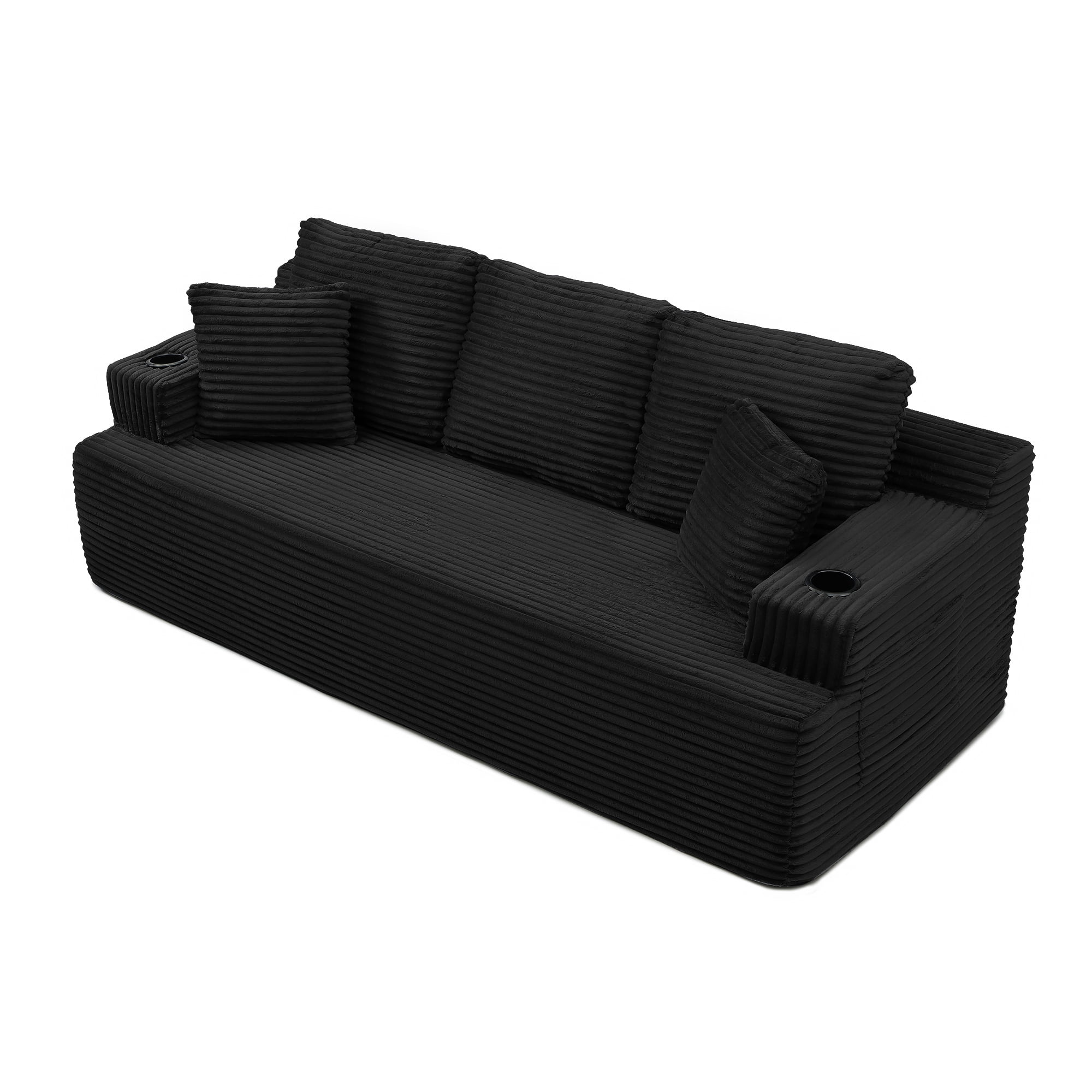Boneless Sofa, 3-Seater Floor Couch with Cup Holders and Side Pockets, Corduroy Fabric No Assembly Sofa for Living Room or Dorm, 86.2 Inch, Black