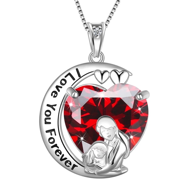 Juwaliy Collar de Luna Amor Corazón Madre Hija Plata Esterlina 925 Granate Piedra de Nacimiento de Enero Dije Joyería Mujeres Cumpleaños Navidad Regalo Mother's Day