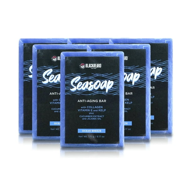Blackbeard for Men Savon en Barre Anti-âge pour Hommes avec Collagène, Vitamine E et Varech Marin - Savon Nettoyant Hydratant pour le Corps et le Visage (Lot de 6)