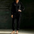 thumbnail image 5 of Szluipve 2 Piece Sets for Women Velvet 2 Piece Outfits Collared Half‑Button Lantern Long Sleeve Top Elastic Cuff Jogger Pants Set Casual Loose Matching Loungewear Suit With Pockets Black S, 5 of 6