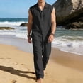 thumbnail image 2 of HBGVBA Men's Summer Solid Color Sleeveless Button Collared Casual Tank Top Elastic Waist Long Pants Set, 2 of 5