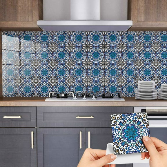 Retro flower tile wall stickers self-adhesive kitchen oil-proof tile stickers, 9 Moroccan Tile Peel and Stick Backsplash, Waterproof Mandala Stick on Wall Tiles