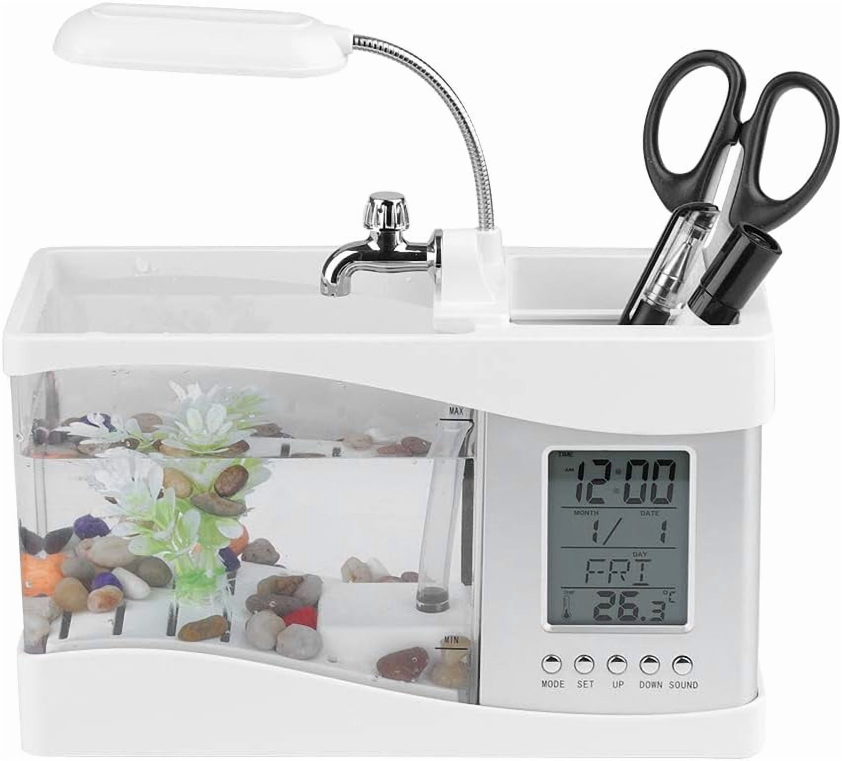 USB Rechargeable Mini Fish Tank with LED Clock Temp Display, Black White, (White)