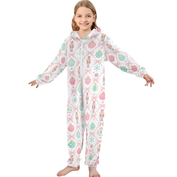 JOOGOO Pink Nutcrackers Candy Pattern Unisex Onesie Pajamas Jumpsuit Kids One-Piece Hooded Sleepwear 7-8T
