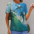 thumbnail image 3 of Ocean Dolphins Wave Art Womens Tops Women's Fashion Casual Short Sleeve Flower Print Round Neck Pullover Top Blouse, 3 of 7