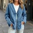 thumbnail image 4 of Cmtiyu Denim Jacket for Women, Long Sleeve Drawstring V Neck Open Front Washed Denim Jackets, Casual Loose Fit Outerwear Jacket with Pockets, S-3XL, 4 of 8