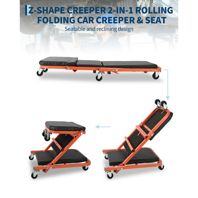 EDTara Tabouret de Garage Robuste de 36 Pouces, Siège Z-Creeper Pliable avec Coussin Confortable et Roulettes Pivotantes