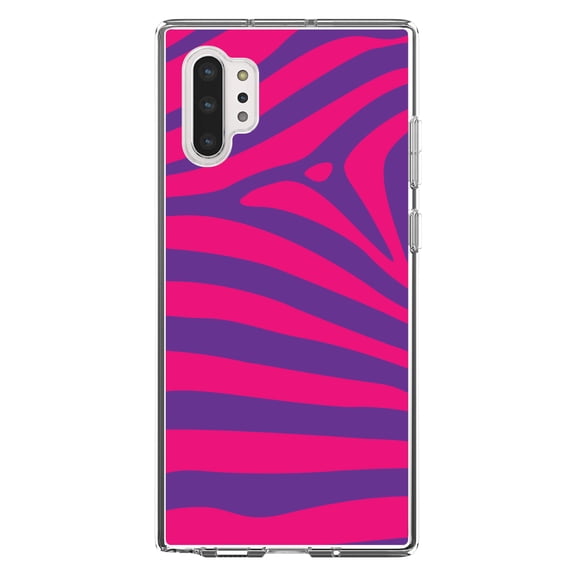 DistinctInk Clear Shockproof Hybrid Case for Galaxy Note 10 PLUS (6.8" Screen) - TPU Bumper, Acrylic Back, Tempered Glass Screen Protector - Purple Hot Pink Zebra Skin Stripes