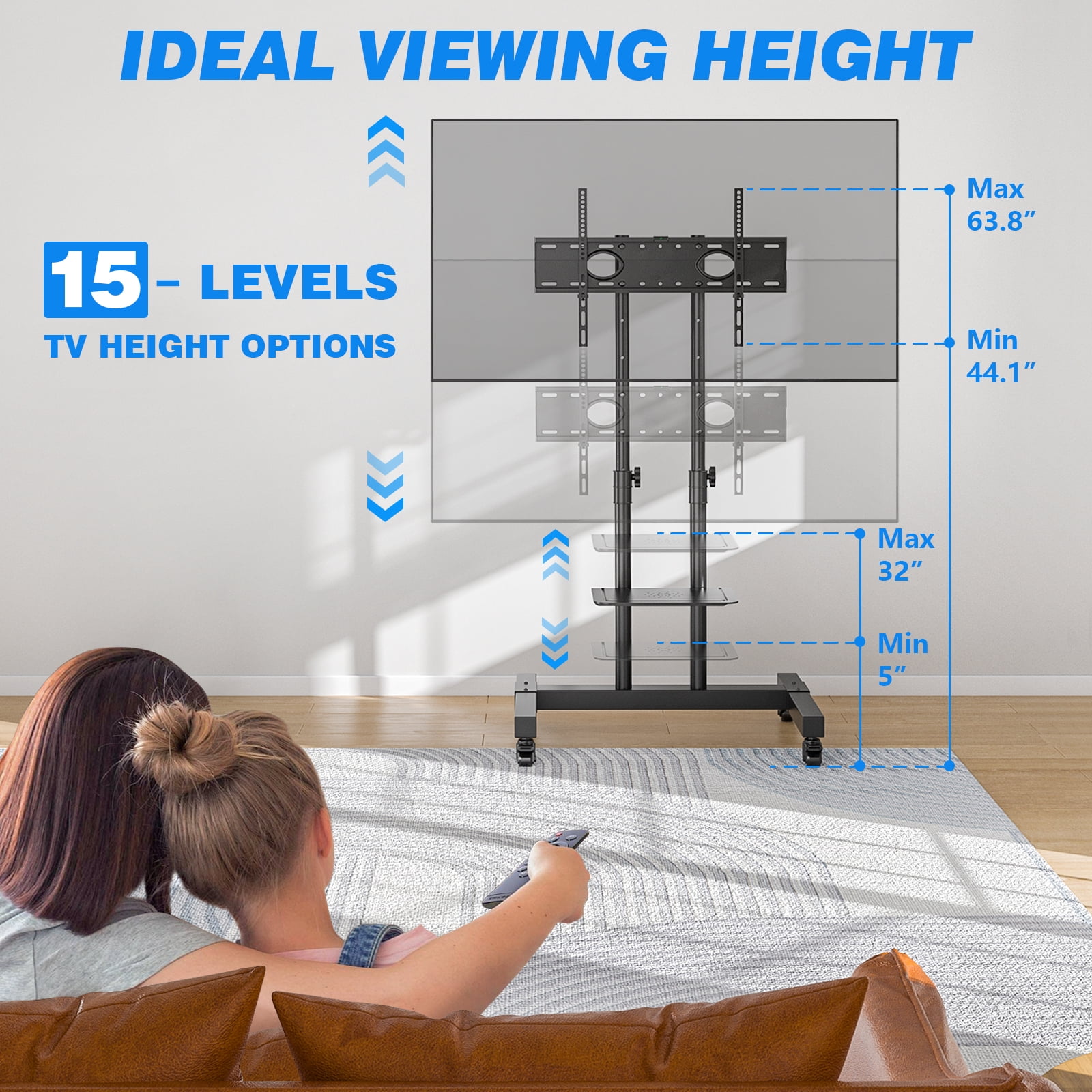 RTVR Rolling TV Cart Stand with Wheels for 32 to 85 inch Screens Mobile Portable TV Stand, Modern Black