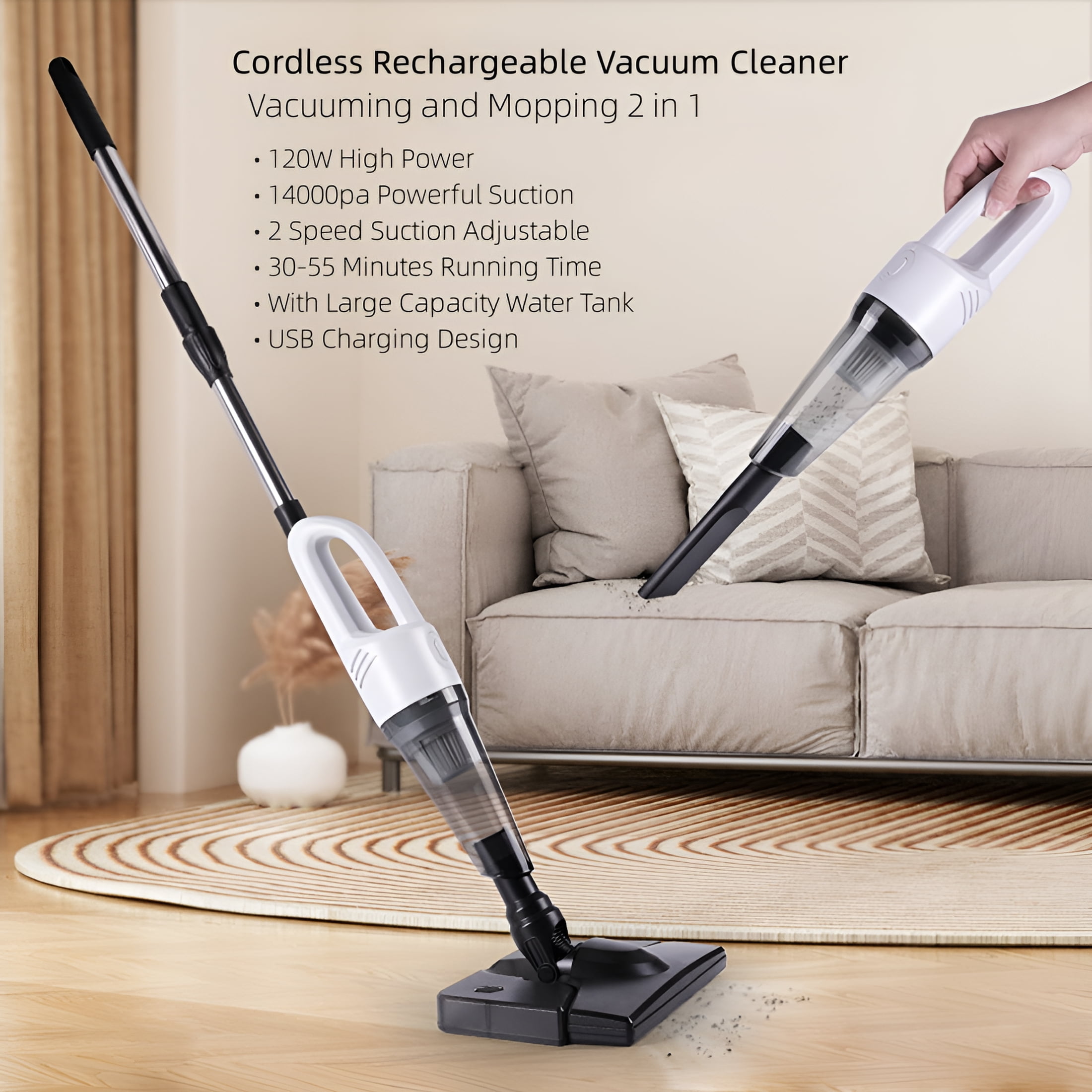 ZEPARO Cordless Stick Wet Dry Vacuum Cleaner with Mop,14000pa Suction Lightweight Stick Vacuum Mop All in One,2 Speeds Adjustable,Household Upright Vacuum Cleaner and Mop Combo for Hard Floor Pet