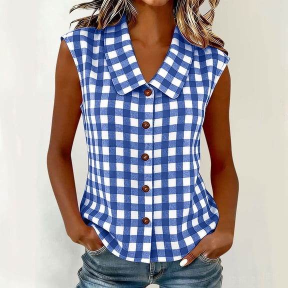 MORESEC Women Plus Size Collared Sleeveless Button Down Plaid Casual Tank Top for Women Dressy Basic Tops Party Summer Clothes, Blue 3XL