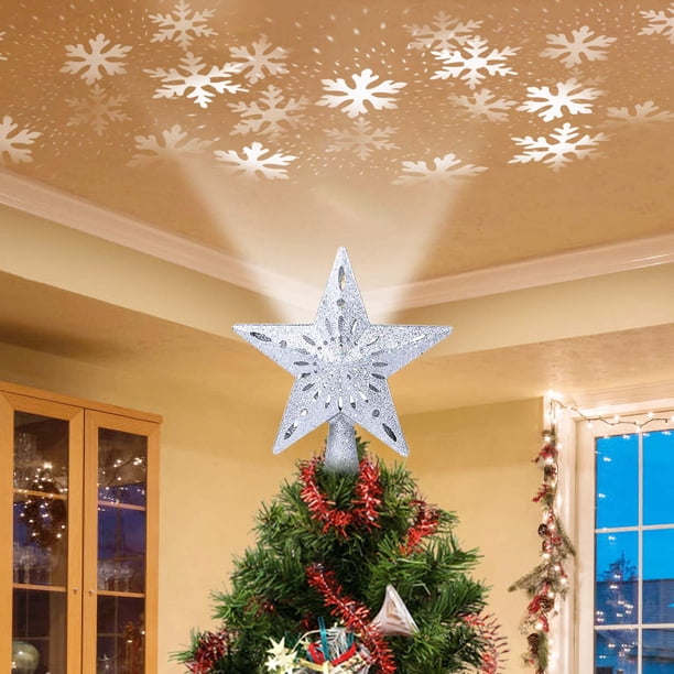 Adornos para la parte superior del árbol de Navidad con forma de estrella: adorno para la parte superior del árbol hueco dorado brillante, lámpara de proyector 3D giratoria con diseño de
